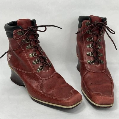 Timberland Women’s Square Toe Lace-Up Wedge Boots 19348 Red Leather Size 8.5 - Image 1 of 4