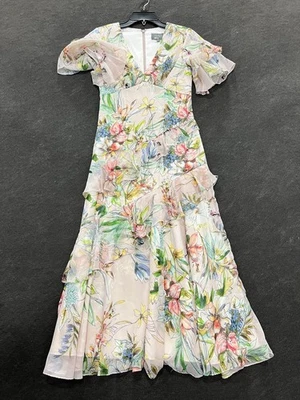 Vestido midi con volantes florales THEIA para mujer talla 2 rubor multi  Foto 1 de 4