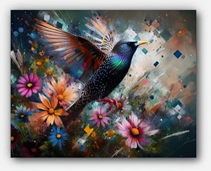 Wild European Starling fly Nature art Colorful splashes of paint #4 Reprint - Picture 1 of 3
