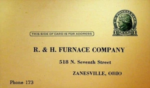 R& H Furnace Company Advertising Postal Card Zanesville Ohio - Picture 1 of 2