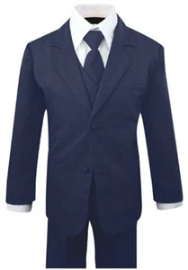 Boys Kid Toddler Formal Navy Blue Suit 5 pieces Set with Vest and Tie Size XL-14 - Picture 1 of 4