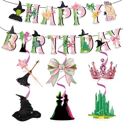 Decoración de fiesta de cumpleaños de bruja, pancarta de cumpleaños con tema de película y 6 remolinos colgantes Foto 1 de 4