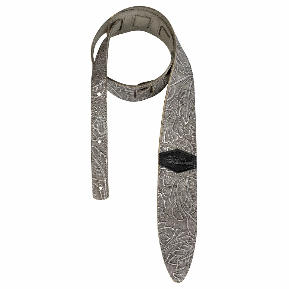 Luna STRAP LUNA LTH SLDR SLV Guitar Strap Leather Fern & Leaf Silver