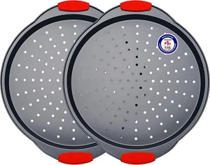 Pizza Tray – 2 round with Silicone Handles – Carbon Steel Pizza Pan with Holes a - Picture 1 of 8