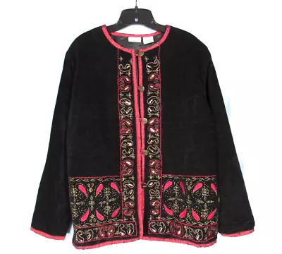 VTG WHITE STAG Black Chenille w/Red Satin Trim BEADED Sweater Cardigan JACKET M - Image 1 of 4