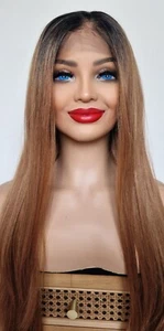 Ombre Chestnut Brown Human Hair Blend Wig Dark Roots Auburn Hair Wig - Picture 1 of 7