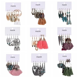 Conjuntos de 3 pares de pendientes colgantes/redondos étnicos boho para mujer de moda vintage - Imagen 1 de 21