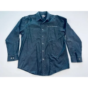 Harley Davidson Herren Langarm Button Up Hemd Schwarz Nadelstreifen Schwarz Logo Lg - Bild 1 von 12