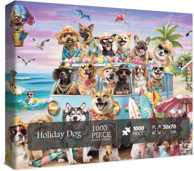 Rompecabezas de 1000 piezas para perros para adultos divertido animal vacaciones playa bulldog Foto 1 de 4