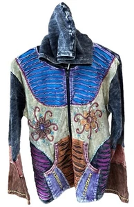 BOHO Hoodie Sweat JACKET Patchwork Flowers XL NEW CHIC Zip Embroidered Pockets - Picture 1 of 12