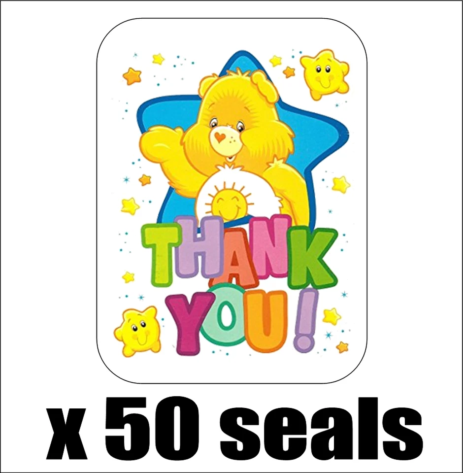 50 Care Bears Funshine ¡Gracias! Sellos/etiquetas/pegatinas de sobre, 1" por 1,5" Foto 1 de 1