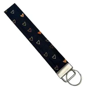 Handmade Black & Brown Hearts Fabric Keychain Wristlet, Key Fob Lanyard - Picture 1 of 2