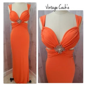 1970s Vintage DRESS/GOWN by CACHET~Sexy Jersey Knit Rhinestones Orange Prom 0 - Picture 1 of 12