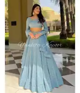 Atractiva Georgette Lehenga Choli Color Azul Cielo Con Dupatta Para Fiesta - Imagen 1 de 11