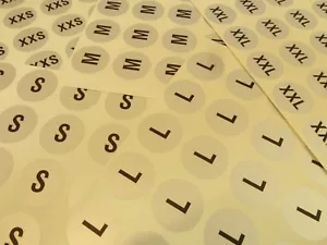 Mens Clothes Size Stickers Black on Silver Round Self-Adhesive Clothing Labels - Picture 1 of 9