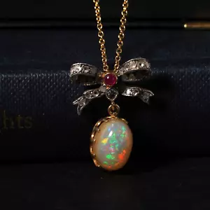 Edwardian Rose Cut Diamond Ruby Bow & Solid Opal Lavaliere Pendant Necklace - Picture 1 of 10