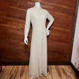 VINTAGE 70s Maxi Wedding Dress Lace Designer Size 16 Dan Lee Couture High Neck - Picture 1 of 8