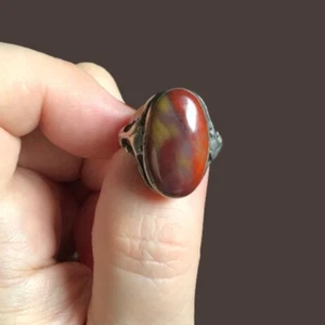 Vintage Art Nouveau stamped sterling silver ring mystery stone jasper? agate? - Picture 1 of 14