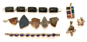 ESTATE VINTAGE STERLING LOT 3 CHUNKY BRACELETS & 3 CHUNKY PENDANTS - Picture 1 of 4
