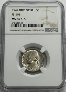 1942 NGC DDO FS-101 MS66 5FS DOPPELSTANZ JEFFERSON SILBER NICKEL 5C UNZIRKULIERT - Bild 1 von 3