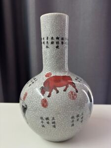 Asian Art Antique Vintage Hand-Painted Crafted Ceramic Vase "Five Oxen Gods"