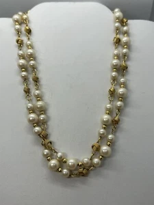 VINTAGE Signed Trifari Sim. Pearls Necklace Coily Gold-tone Links 30” - Picture 1 of 2