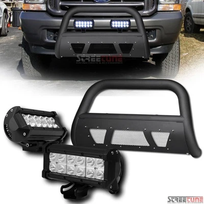 Matte Blk Studded Mesh Bull Bar+36W CREE LED Light For 99-04 F250/F350/Excursion Foto 1 de 4