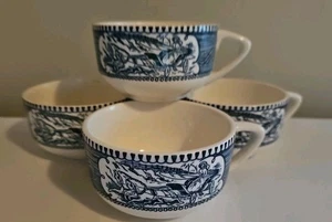 4 tazze da tè vintage Currier & Ives Royal China cavallo e carrozza blu bianco - Foto 1 di 5