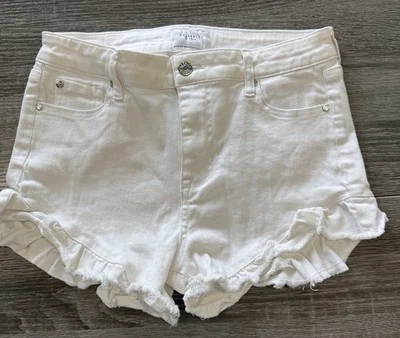 Pantalones cortos de mezclilla elásticos Celebrity rosa para mujer blancos con volantes deshilachados talla 5/27 excelentes Foto 1 de 4