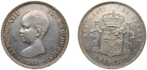 Spain 1889 *18-89 MPM 5 Pesetas Silver (.900) AU - Picture 1 of 1