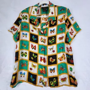 Vintage Corey B Top Women L Butterfly Ladybug Allover Print 100% Silk Colorful - Picture 1 of 13