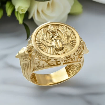 10K Gold Ancient Egyptian Mythology Scarab Beetle Anubis Horus Ring - Image 1 of 4