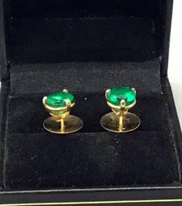 18k Yellow Gold Round 7mm Emerald Earrings. New. Statement of Value.Lab Created - Picture 1 of 6