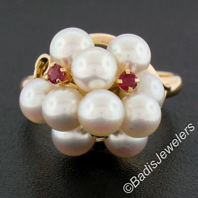 18k Yellow Gold 5mm Round Cultured Pearl & Ruby Prong Cluster Cocktail Ring - Image 1 of 4