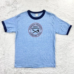 Camiseta Alabama-Coushatta Indian Reservation Ringer Azul Costa del Golfo De Colección Años 70 EE. UU. - Imagen 1 de 8