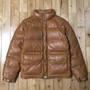 BAPE Sheepskin Leather Puffer Down Jacket a bathing ape NIGO Brown Size S - Picture 1 of 10