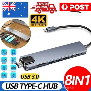 8-in-1 USB C Type C Hub 4K HDMI RJ45 Ethernet SD TF Adapter Cable For Laptop Mac - Picture 1 of 21