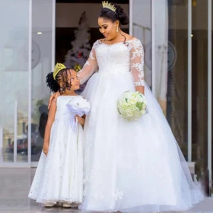 Plus Size Tulle Wedding Dresses 3/4 Sleeve Applique Sweep Train Bridal Gowns New - Picture 1 of 8