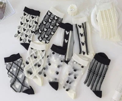 Meias femininas retrô chiques fantasia coração tornozelo fibra de vidro sedoso fino renda transparente - Imagem 1 de 4