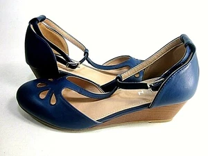 BESTON DE17 Women's T-Strap Ankle Buckle Mid Wedge Pumps Navy US Size 10 M - Picture 1 of 8