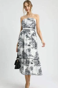 Umgee Printed Tiered Lined Strapless Empire Midi Dress in Black & White NWT - Picture 1 of 6