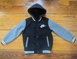 Nike Black Gray Hooded Varsity Jacket Kids Boys size 6 (5-6 years) swoosh logo - Picture 1 of 8
