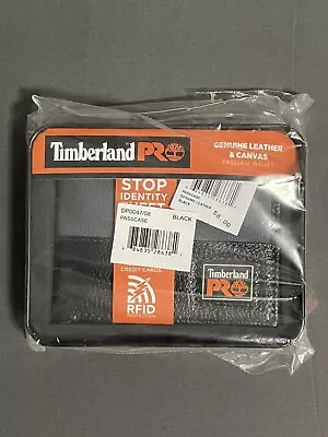 New Timberland Pro Genuine Leather Canvas Passcase Wallet Black RFID Protection - Image 1 of 3