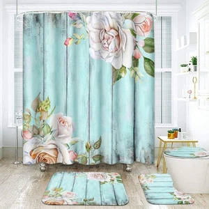 4 Pcs Shower Curtain Set Vintage Turquoise Wooden White Rose Floral Watercolo... - Picture 1 of 7