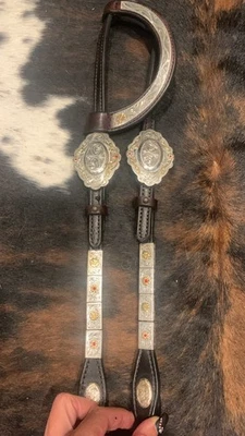 Sterling Silver Headstall / Bridle JFS & BROKEN HORN Slide buckles w RED stones - Image 1 of 4