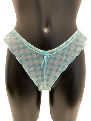 Panache Aqua Green Blue Thong UK 8 Sheer gingham check panties knickers panty - Image 1 of 4