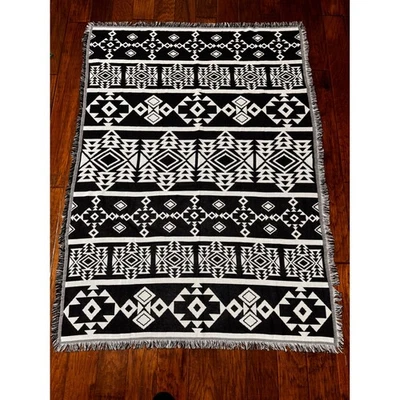 Blue White Geometric Tribal Pattern Woven Throw Blanket Fringe cotton 50x70 - Image 1 of 2
