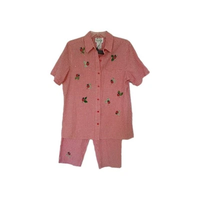 The Quacker Factory Red Check Seersucker Capri Set Sz S Ladybugs Short Sleeve - Image 1 of 4