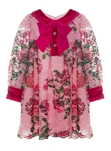 PATACHOU Girls Pink Floral Lace & Velvet Dress 6 Yrs Rhinestone Buttons - Picture 1 of 11