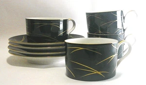 Arita Classic Bone Cups and Saucers Directions set of 4 Black with Gold Trim - Picture 1 of 12